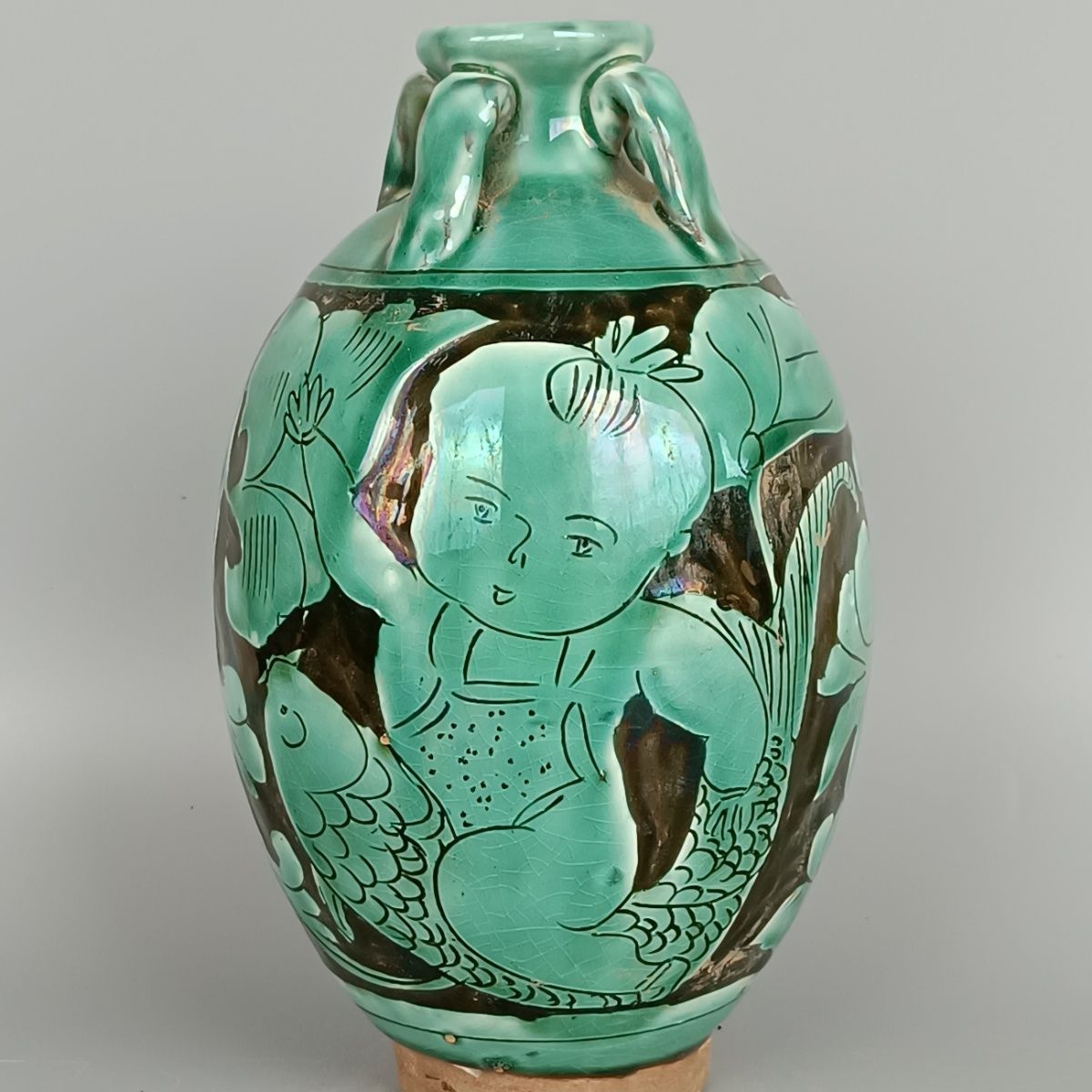 Vintage Collectible Pottery - Jarrón Antiguo de Porcelana Verde con